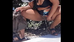 Ebony milf Trying not to get caught peeing behind humans Thumb