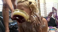 Kinky blonde girl gets her sexy body covered in food Thumb