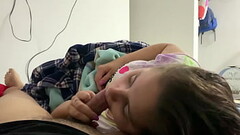 My little stepdaughter plays with my cock in her mouth while we watch a movie (She doesn'_t know Thumb