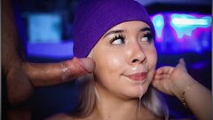 Blonde with a face full of hot cum keeps sucking her guy'_s cock so he fucks her again Thumb