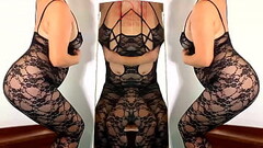 Black fishnet bodystocking. Slut in front of mirror posing in black mesh body lingerie Sexy lingerie Thumb