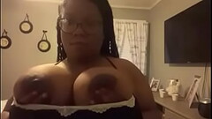 Big tit ebony milf plays with boobs while husband is at work Thumb