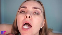 The girl sucks juicy cock and gets a load in her mouth Thumb