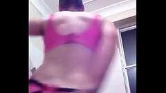 Man dancing in ladies pink lingerie and Masturbating Thumb