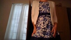 Amateur cross dresser wearing a cute secretary flower dress and sexy white blazer teasing and touchi Thumb